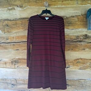 J. Jill Burgundy & Black Striped Crew Neck Long Sleeved Cotton/Modal Dress MT